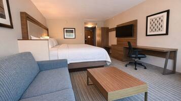 A hotel room with a bed, a sofa, a desk, a chair, and a TV.