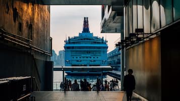 A waterfront promenade with a large cruise ship docked in the background.