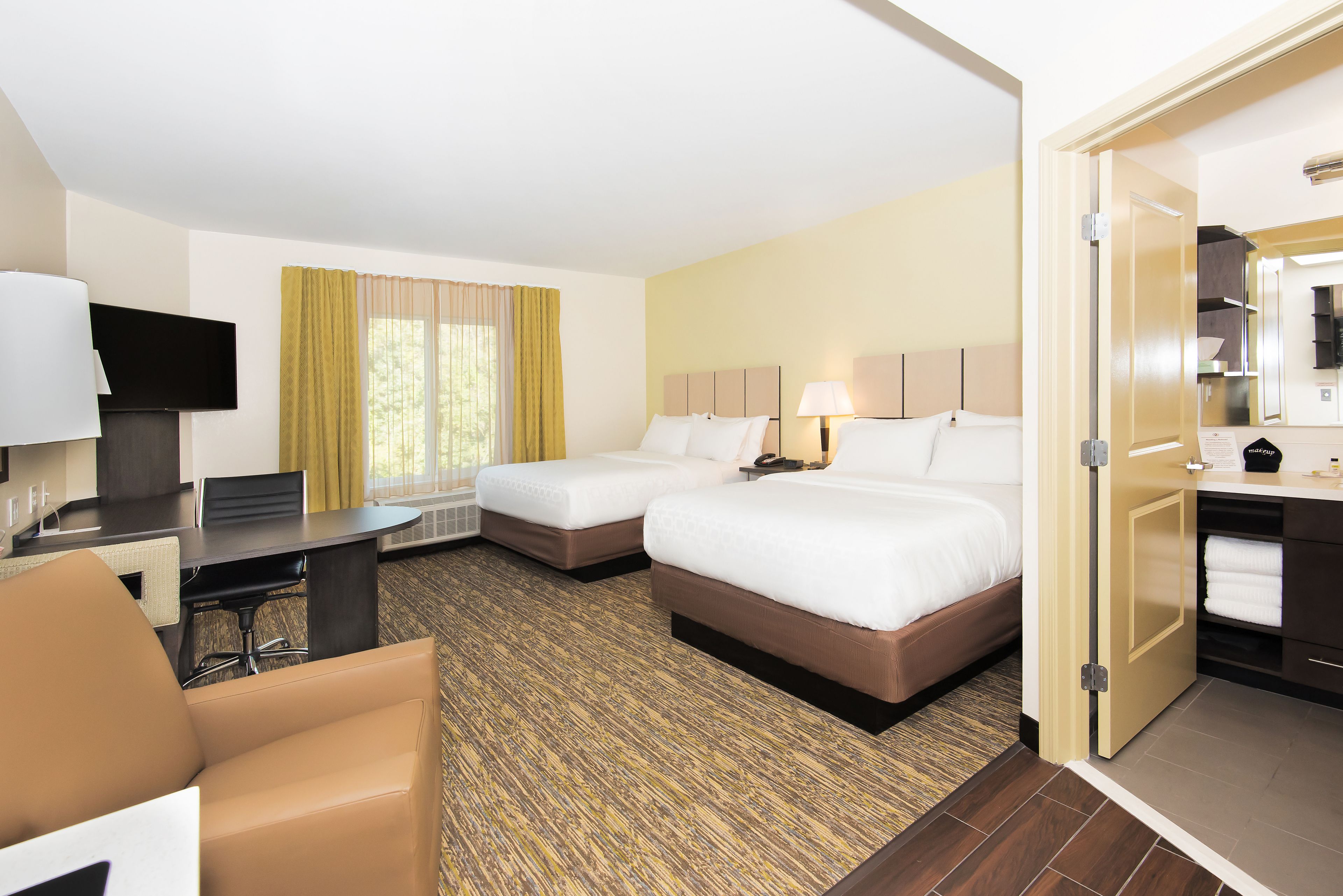 desk, laptop workspace, blackout curtains, iron/ironing board