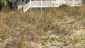 Uma casa de dois andares com varanda, cercada por vegetação seca e areia.