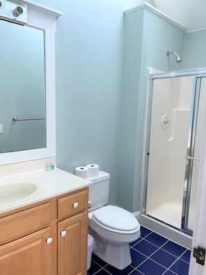 Bathtub, hair dryer, towels, soap