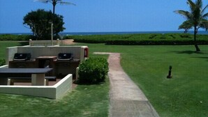 A patio with outdoor grills, a concrete pathway, and a view of the ocean.