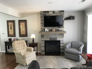 Televisión, chimenea y libros