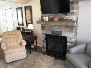 TV, fireplace, books