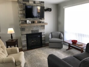 TV, fireplace, books