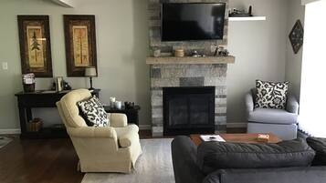 Televisión, chimenea, libros