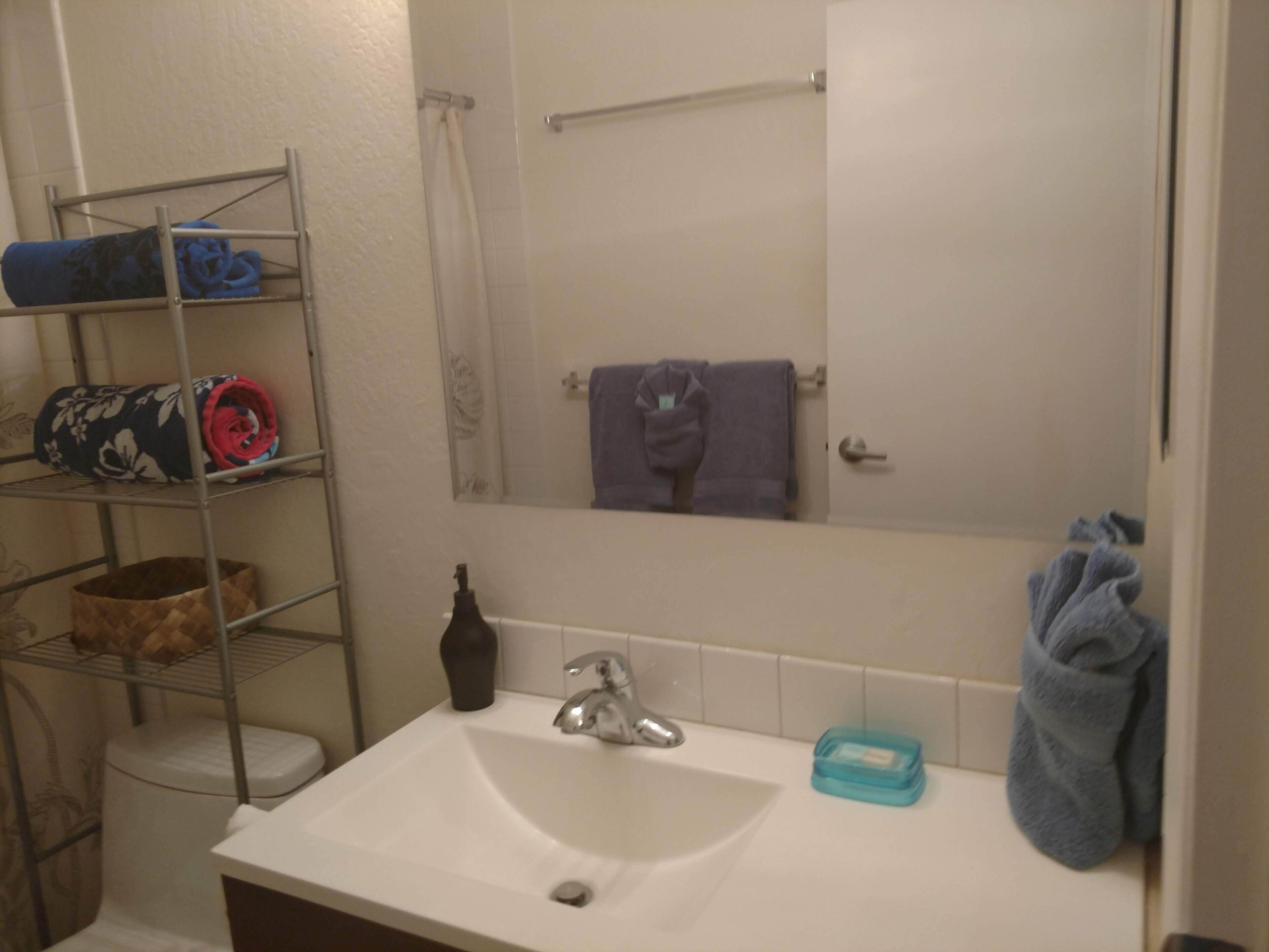 Un bagno con un lavandino bianco, uno specchio, un portasciugamani e scaffali con asciugamani e articoli da toilette.