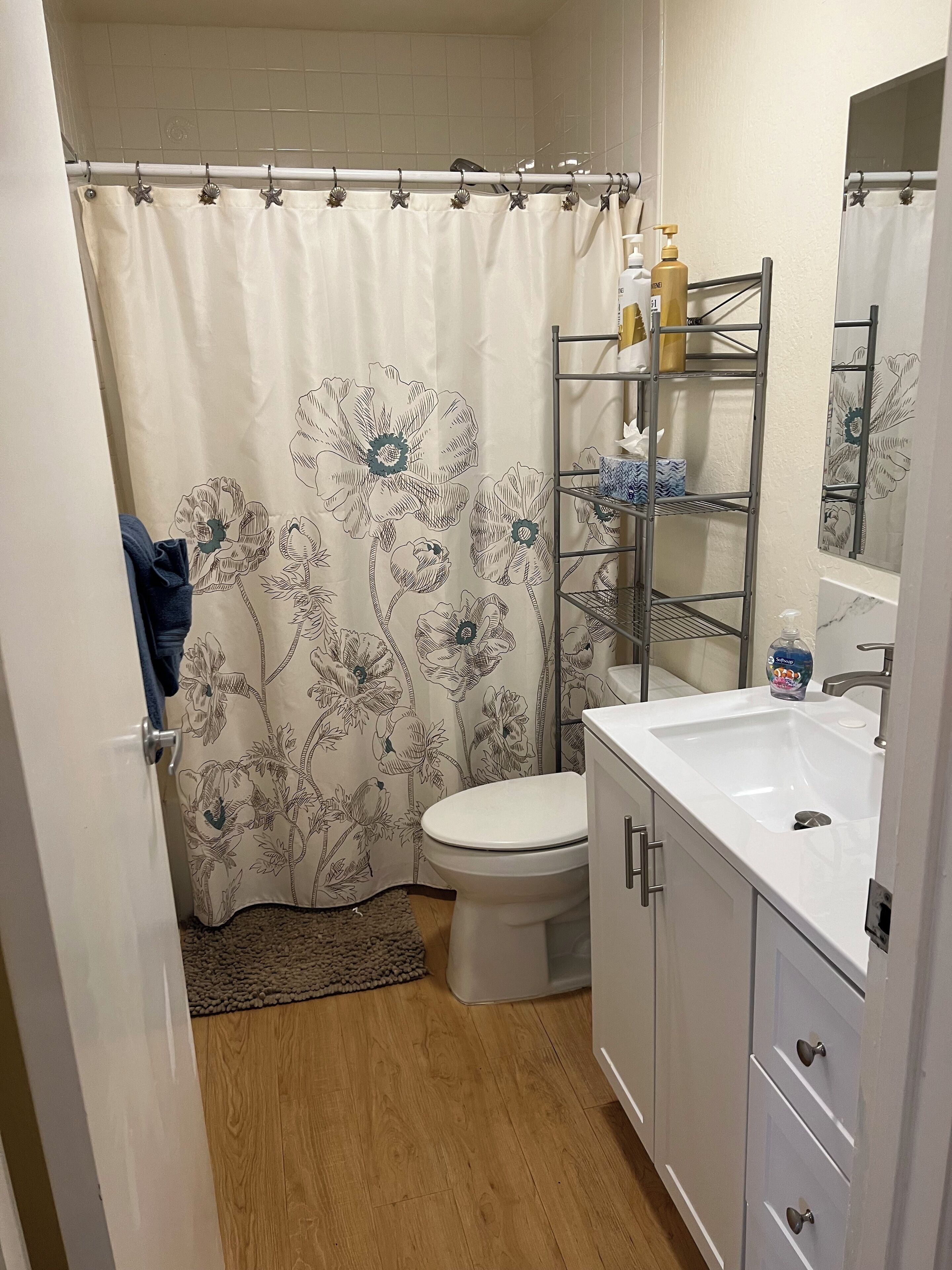 Hair dryer, towels, soap, toilet paper