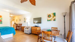 Een kamer met een bed, een eettafel met stoelen, een televisie en een bank.