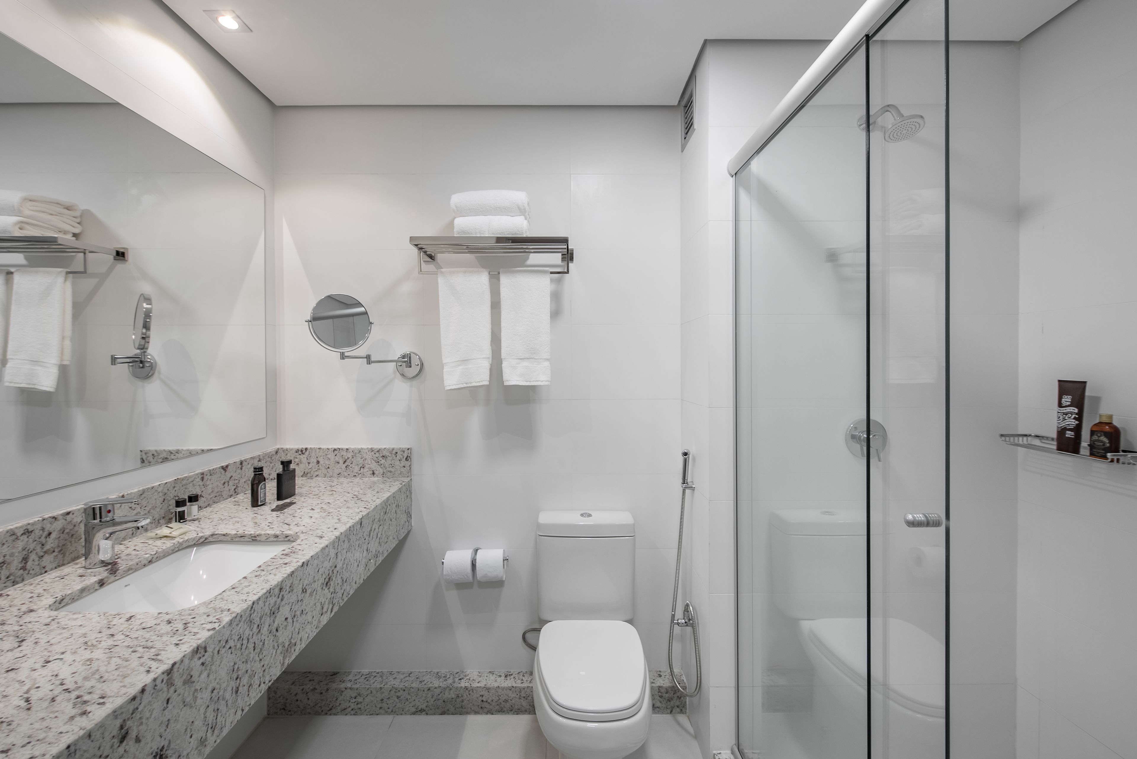 Un baño moderno con lavamanos de mármol, inodoro, ducha con mampara de vidrio y espejo.