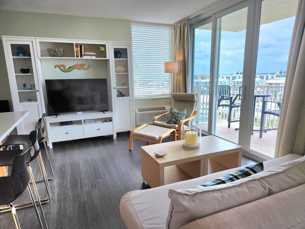 Smart TV, DVD player, books, video library