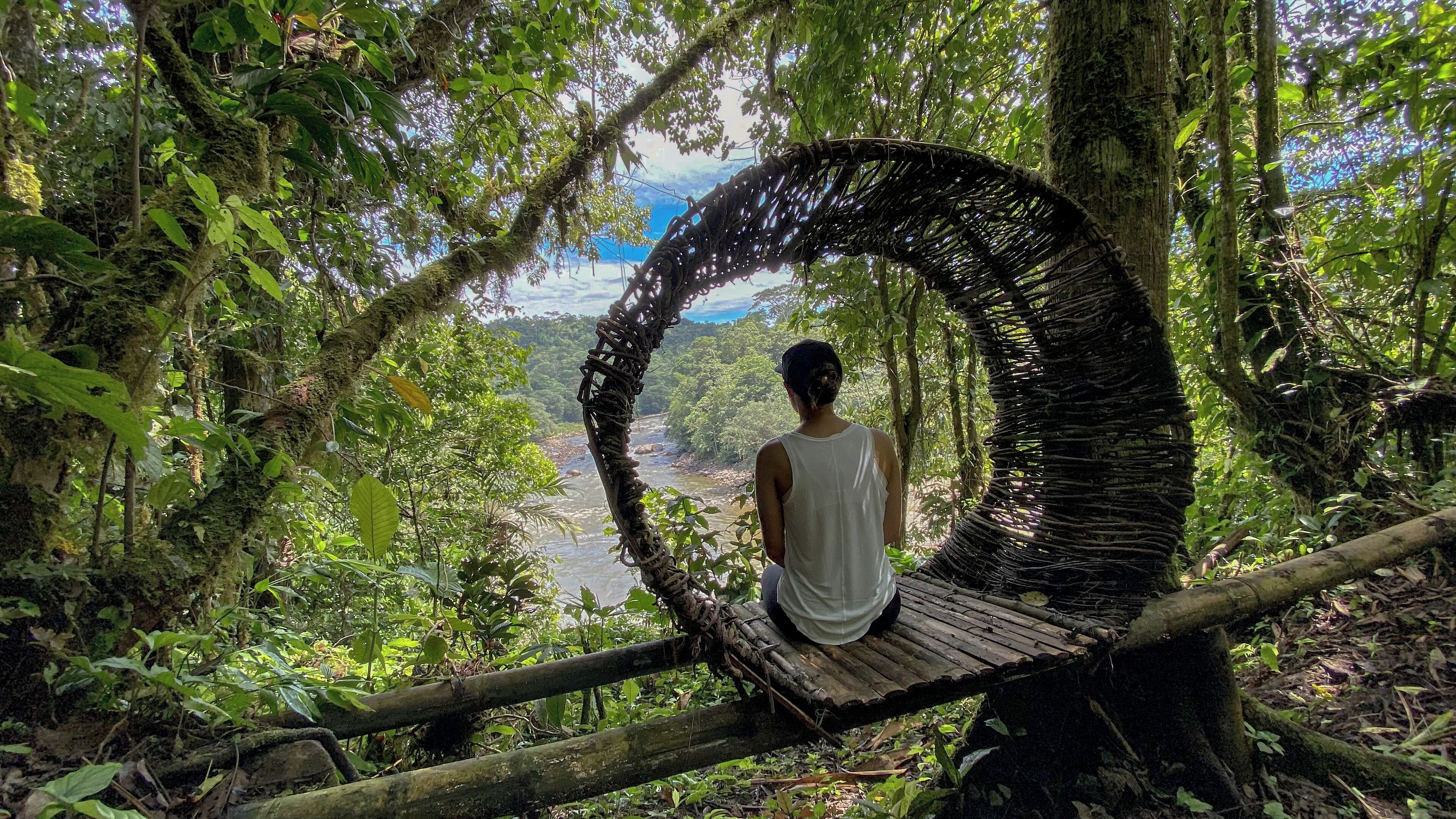 A person sitting on a circular woven structure in a forested area with a river in the background.