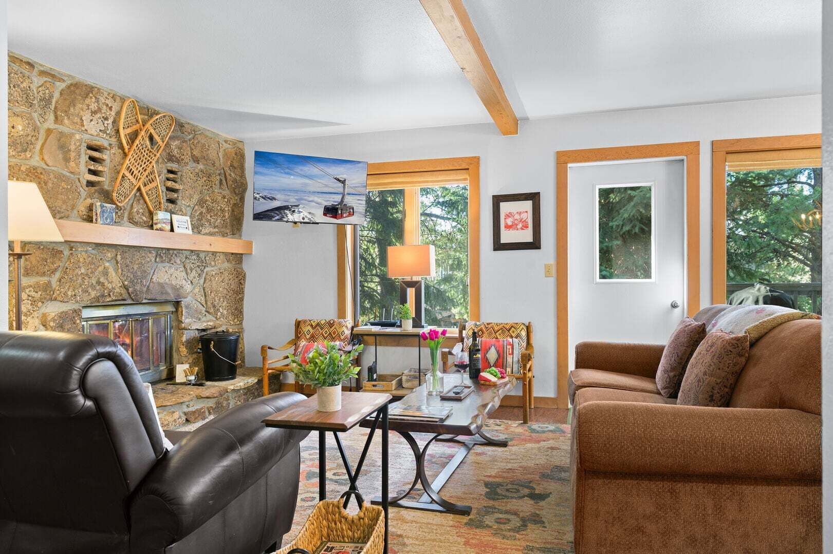 Televisión, chimenea, reproductor de DVD y estéreo 