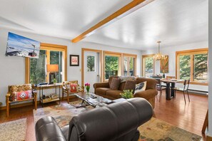 Televisio, takka, DVD-soitin, stereot