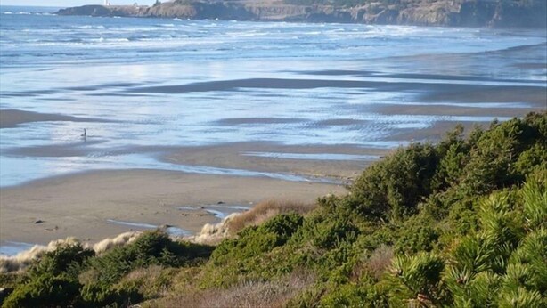 Paisaje costero con playa, acantilados y un faro a lo lejos.