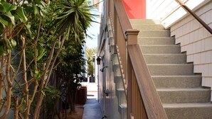 A narrow concrete pathway flanked by plants and a wooden staircase leading to a red door.