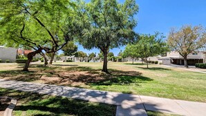 A residential area with a well-maintained lawn, trees, and a sidewalk. - Complete retreat with private hot tub. (Scottsdale)