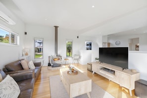 Smart TV, fireplace, DVD player, stereo