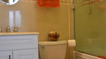 Combined shower/bathtub, hair dryer, towels, shampoo