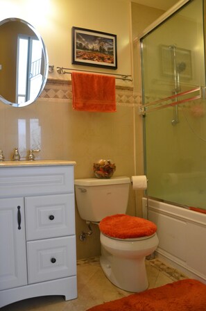 Combined shower/tub, hair dryer, towels, shampoo