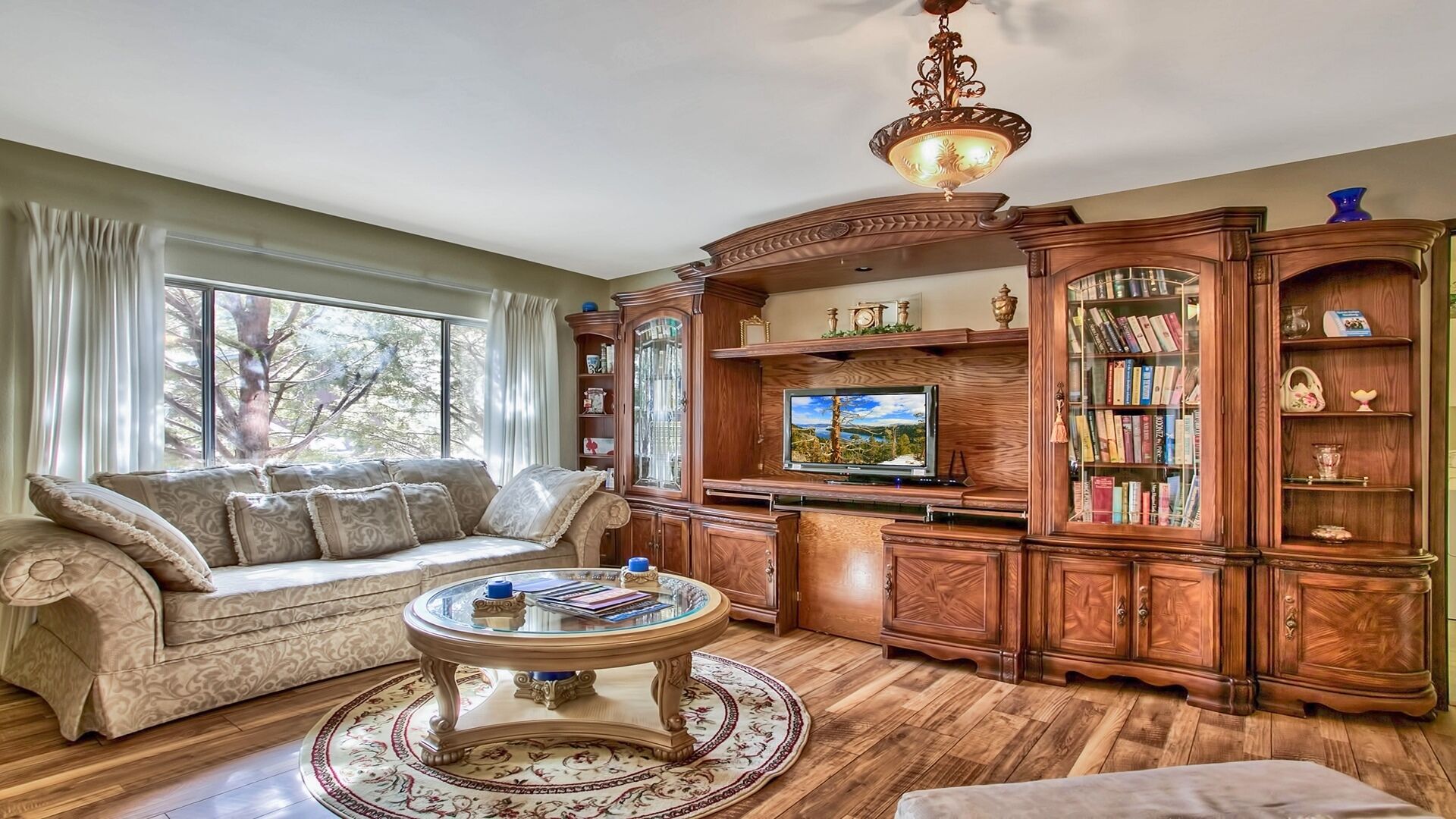 Smart TV, fireplace, books