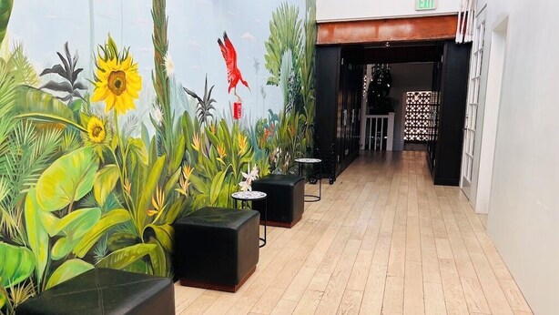 A hallway with a mural of tropical plants and a red bird, leading to a room with a black partition and a small table. - Historic Suites Hotel in Walkable Downtown between Siesta & Lido Beaches (Sarasota)