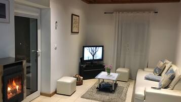 Televisie, een open haard en boeken