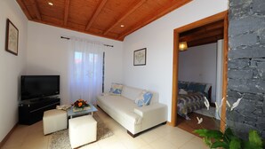Un salon avec un canapé, un pouf, une télévision et un mur en pierre.