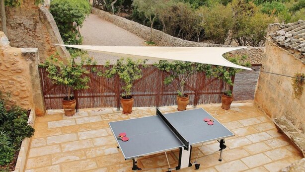 Un tavolo da ping pong all'aperto posizionato su gradini in pietra, con una recinzione in legno e piante in vaso sullo sfondo.