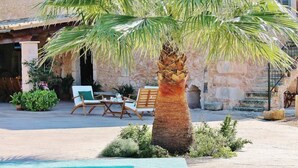 Area piscina con una palma, poltrone da relax e un edificio in pietra sullo sfondo.