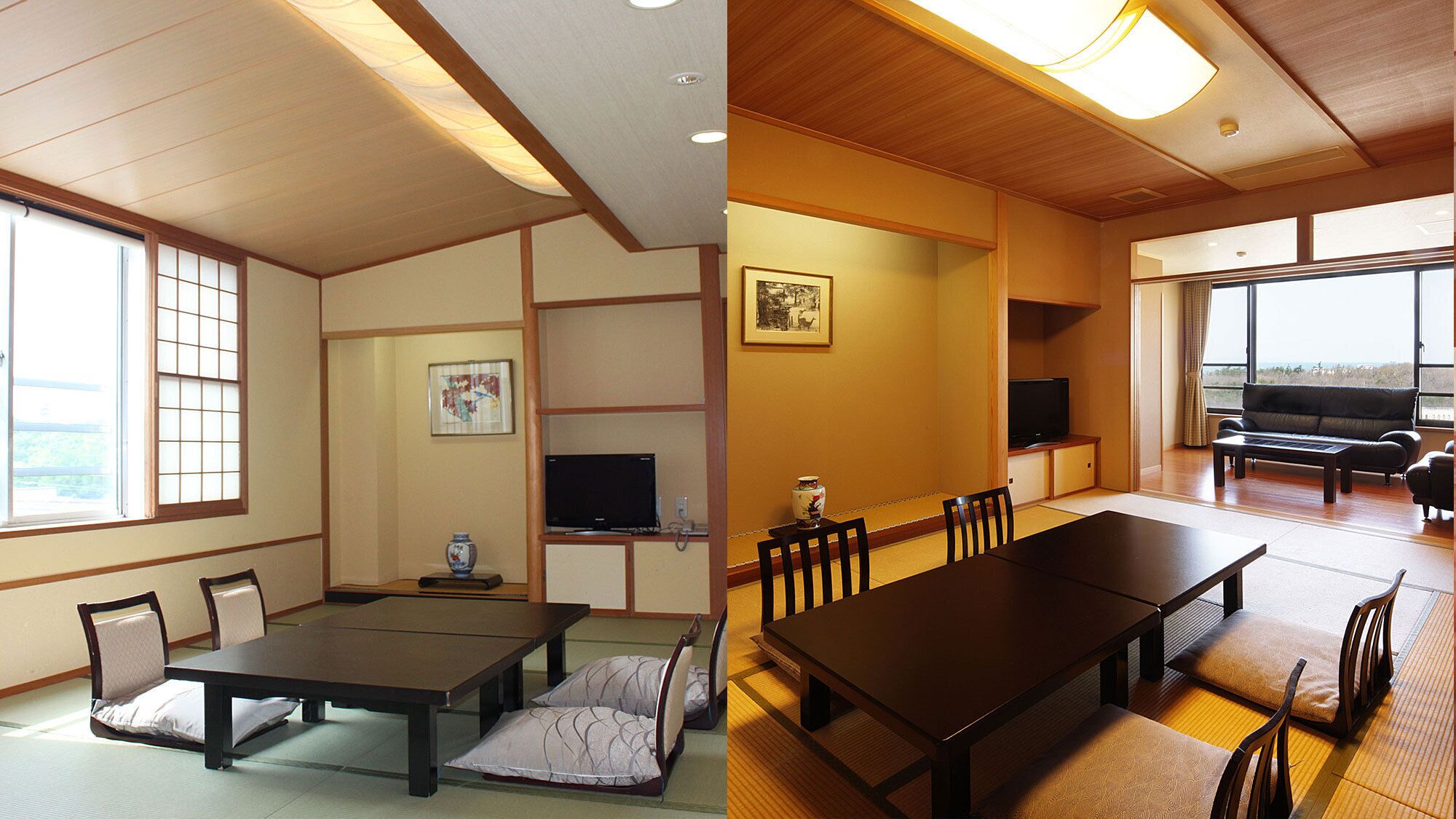 A traditional Japanese-style room with tatami flooring, a low table, and a sofa.
