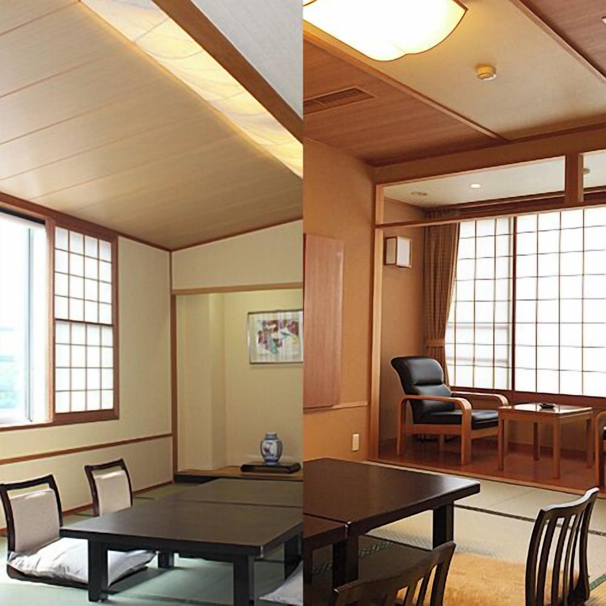 A traditional Japanese room with tatami flooring, a low table, and a sliding door.