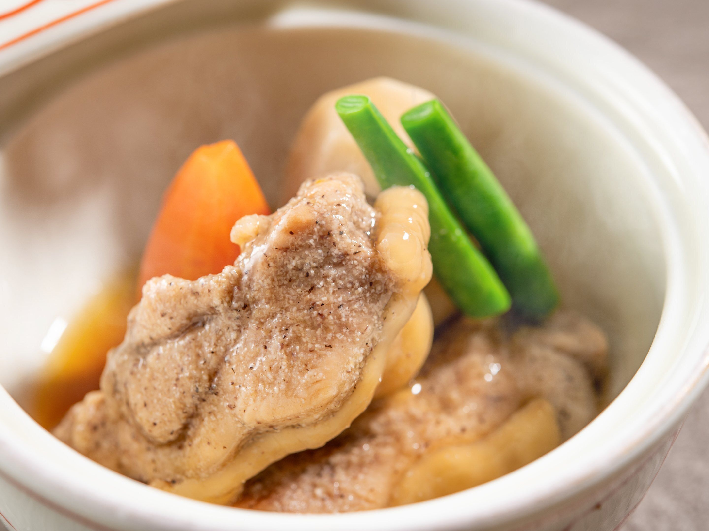 A bowl of soup with visible ingredients like carrots and green onions.