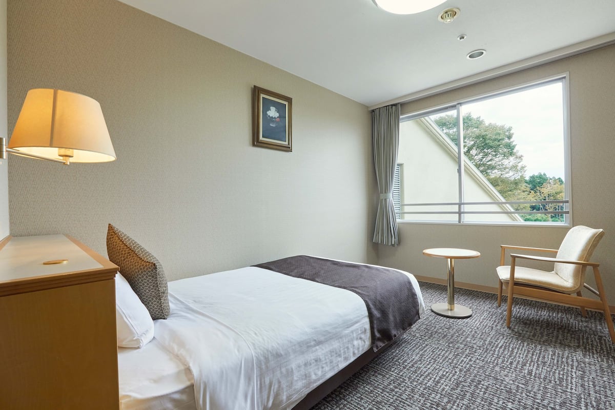Une chambre d’hôtel comprenant un lit, un bureau, une chaise, une petite table, une lampe, une fenêtre avec des rideaux et un tableau encadré au mur.