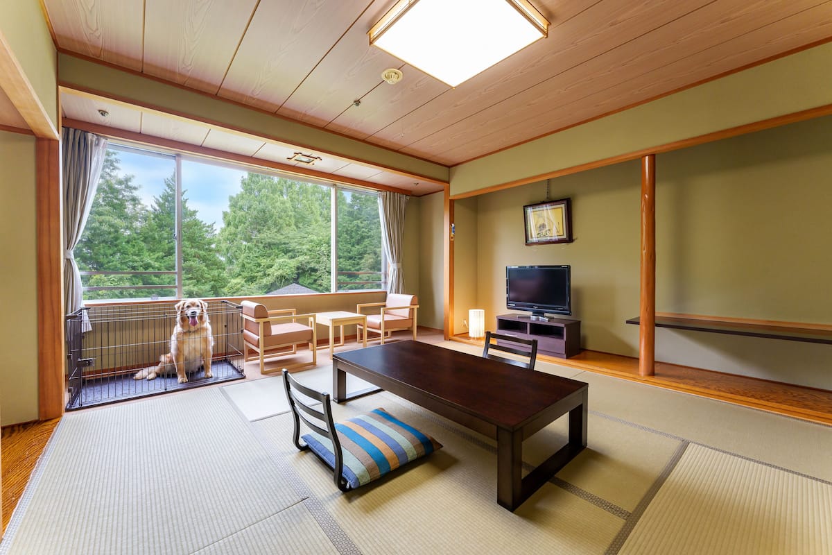 Une pièce de style japonais traditionnel, avec un sol recouvert de tatamis, une table basse, des chaises, un téléviseur et une grande fenêtre donnant sur la forêt.