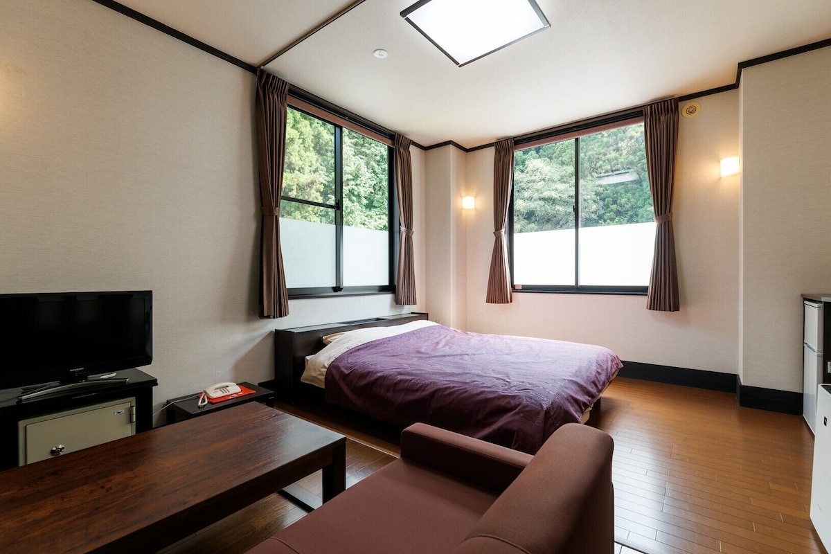A hotel room with a bed, a desk, a chair, a television, and large windows with curtains.