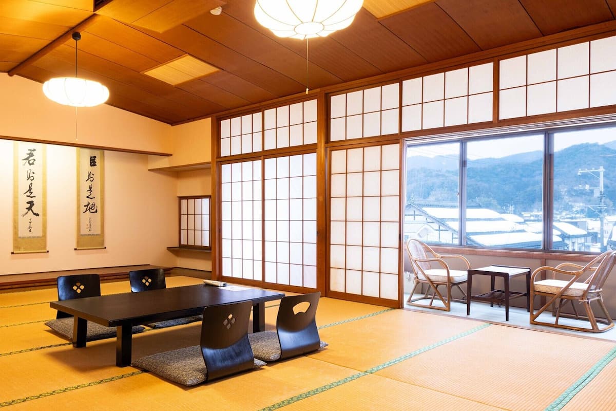 A traditional Japanese room with tatami flooring, a low table with cushions, a television, and large windows with a view of a snowy landscape.