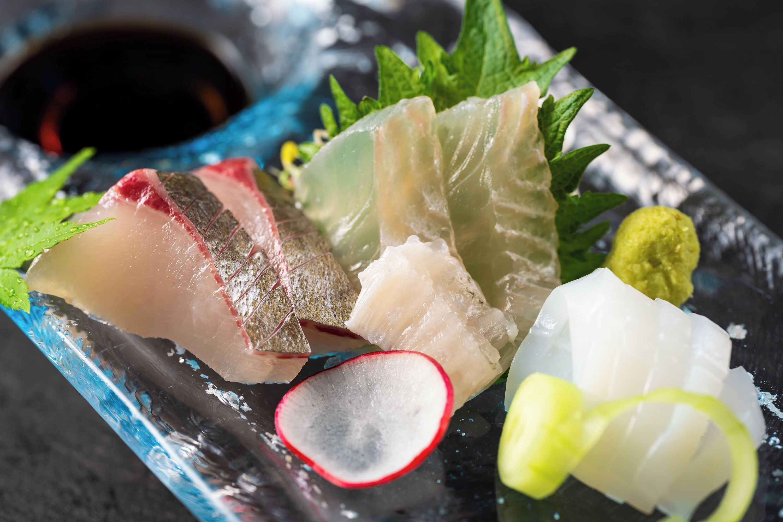 A variety of sashimi on a black plate with a blue rim, garnished with green leaves and a radish slice.