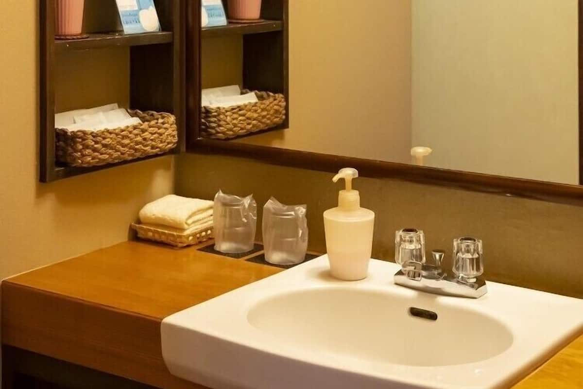 Et badeværelse med en hvid vask, et spejl og hylder med toiletartikler.