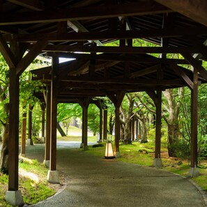 A covered walkway with a concrete path, surrounded by trees and greenery. - Okuyado Buaisou (Yufu)