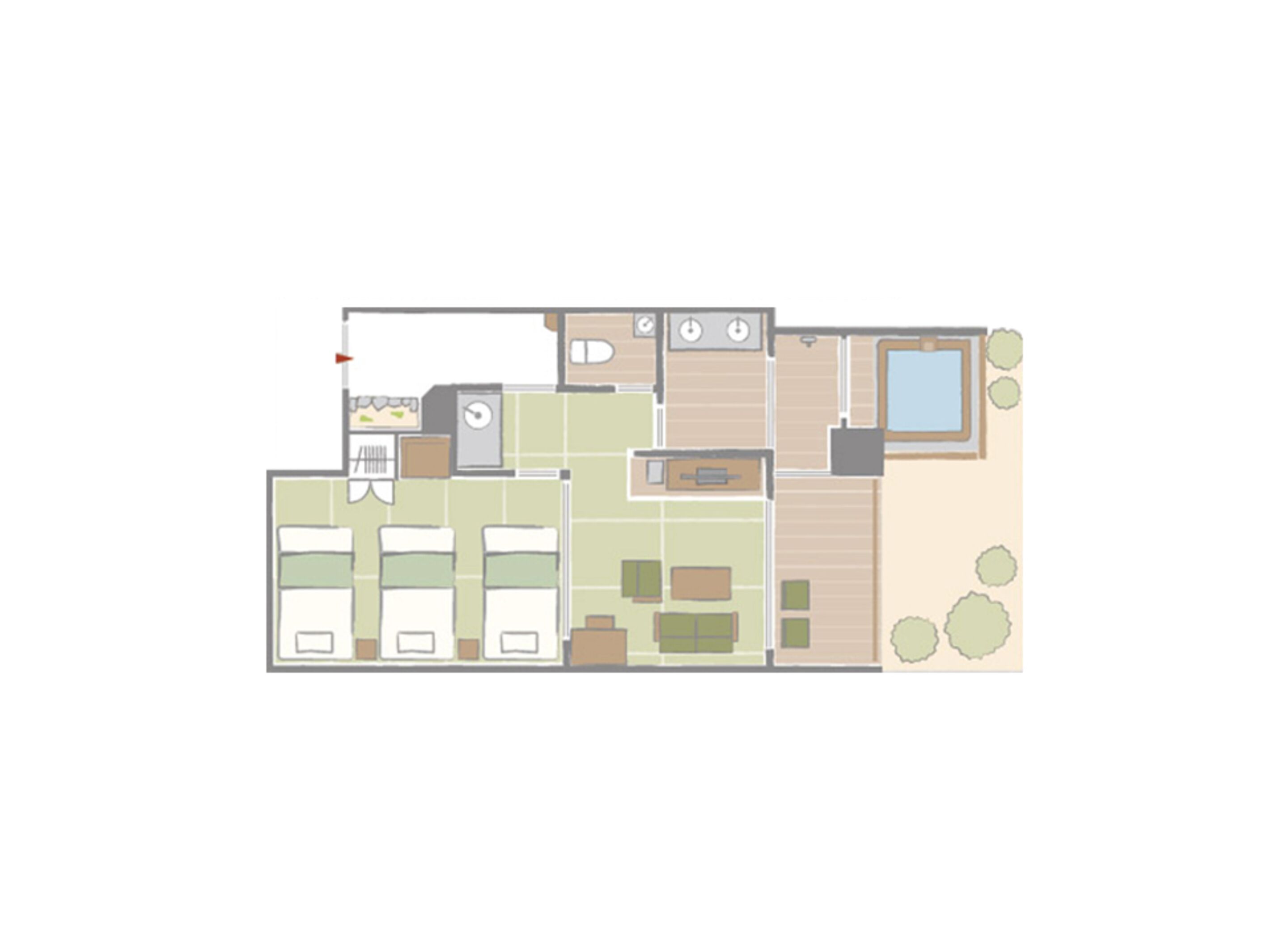 Een plattegrond van een hotel met meerdere slaapkamers, een keuken, een badkamer en een klein buitengebied met een zwembad.