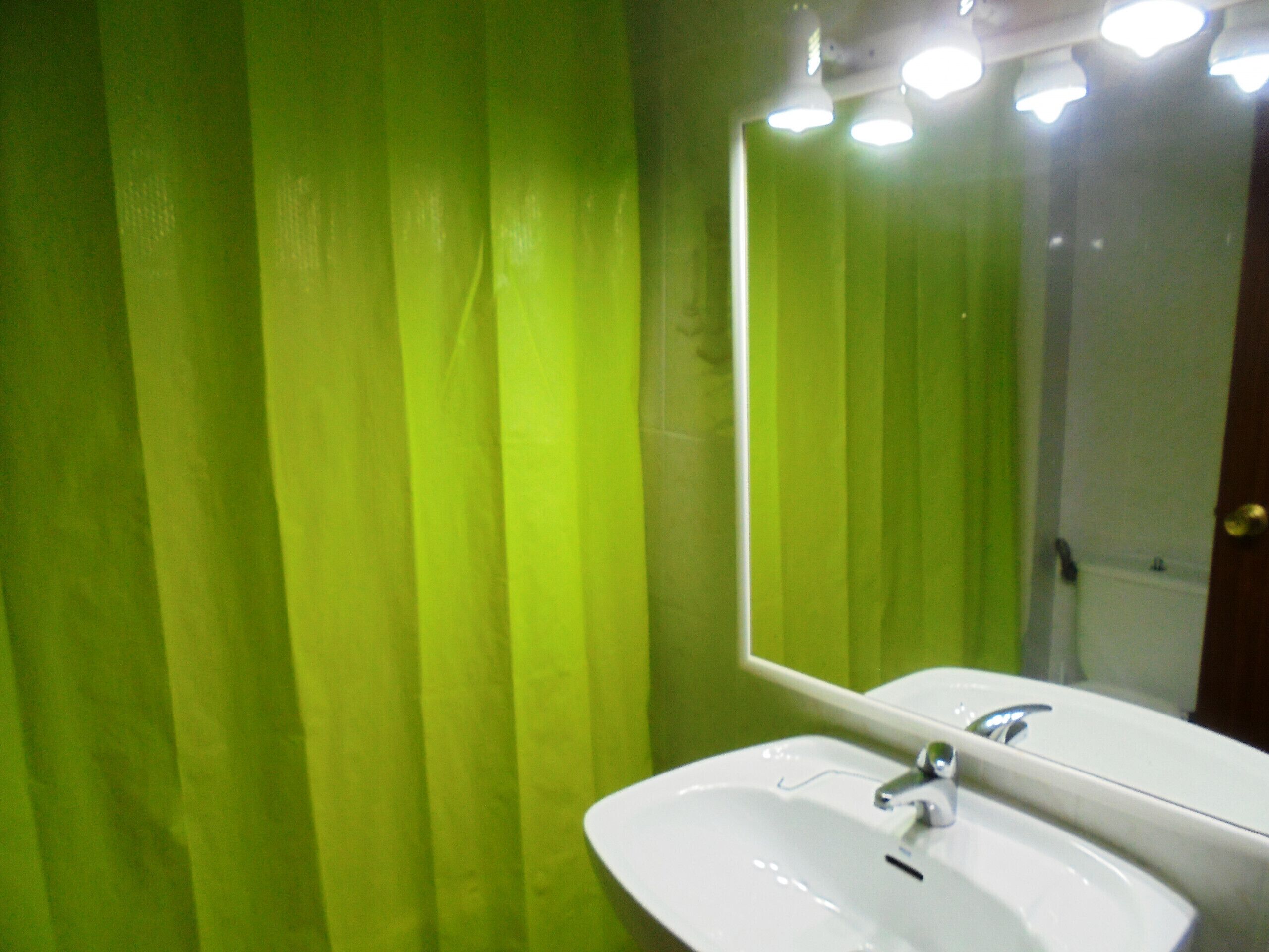 A bathroom with a green wall, a white sink, and a mirror.