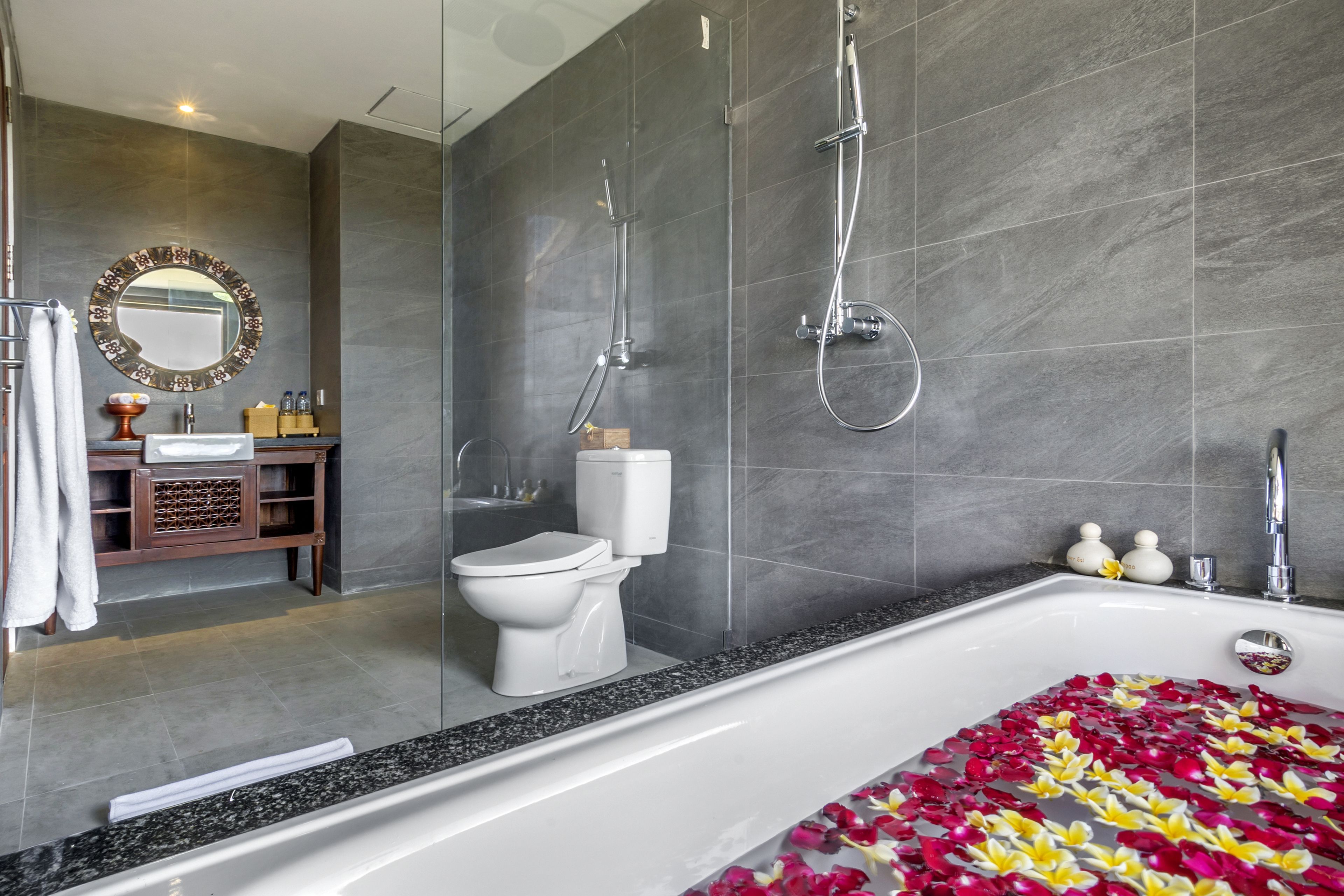 free toiletries, hair dryer, bidet, towels