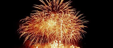 A nighttime view of fireworks exploding in the sky.