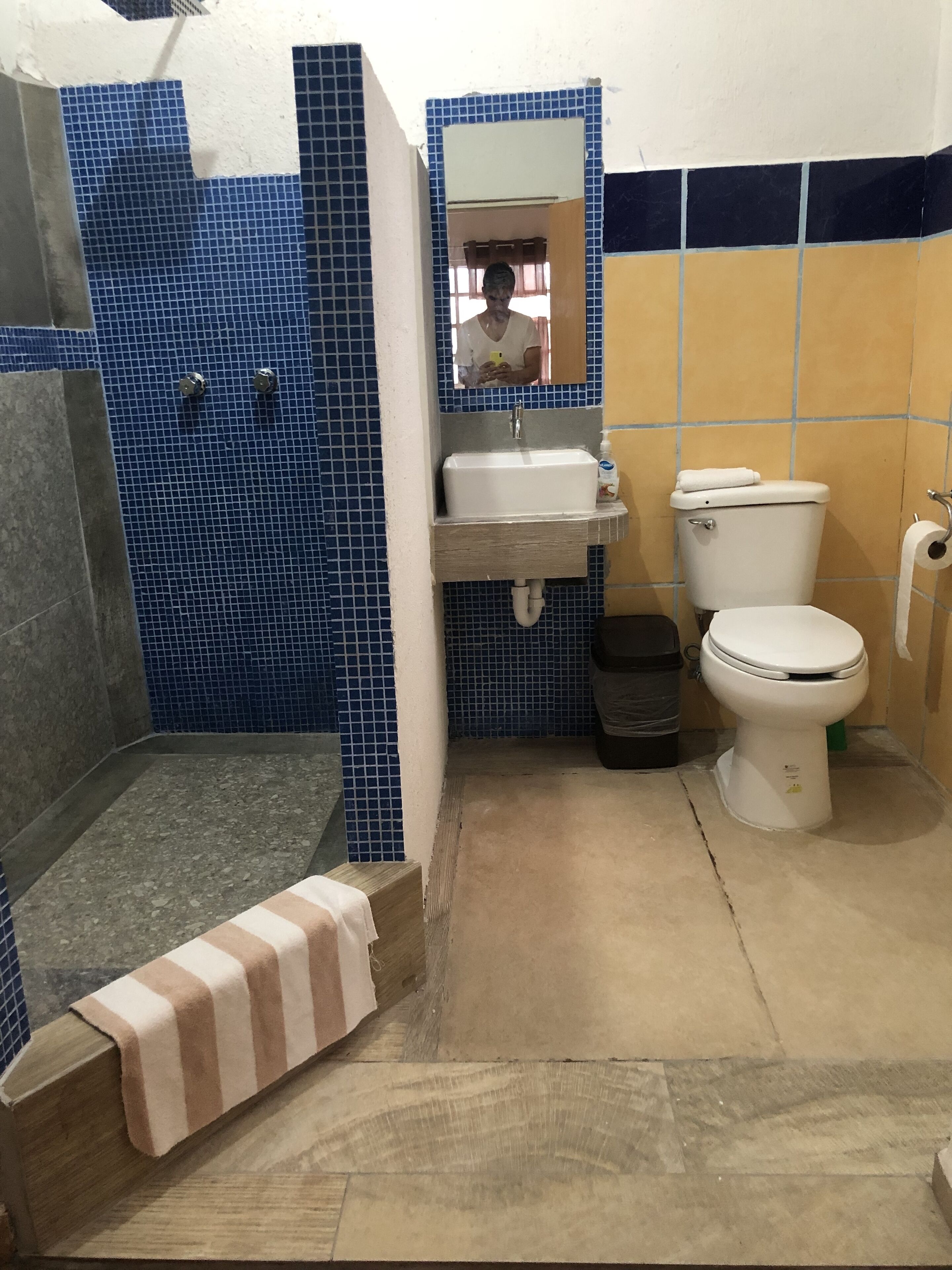 Baño con ducha, lavabo, inodoro y espejo.
