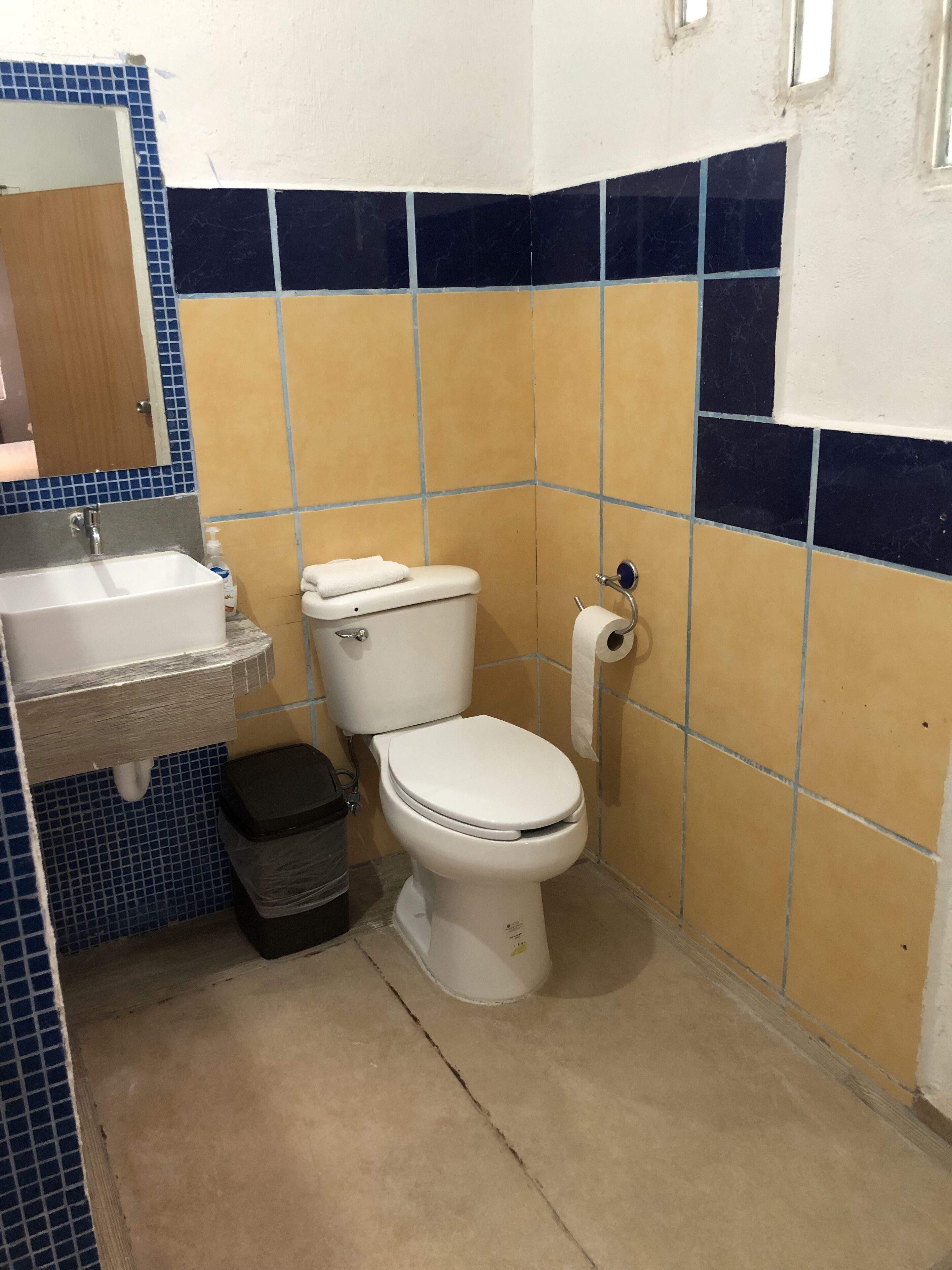 A bathroom with a toilet, sink, and mirror.