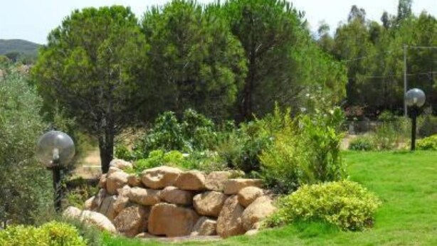 A garden with a stone wall, trees, and a lamp post.