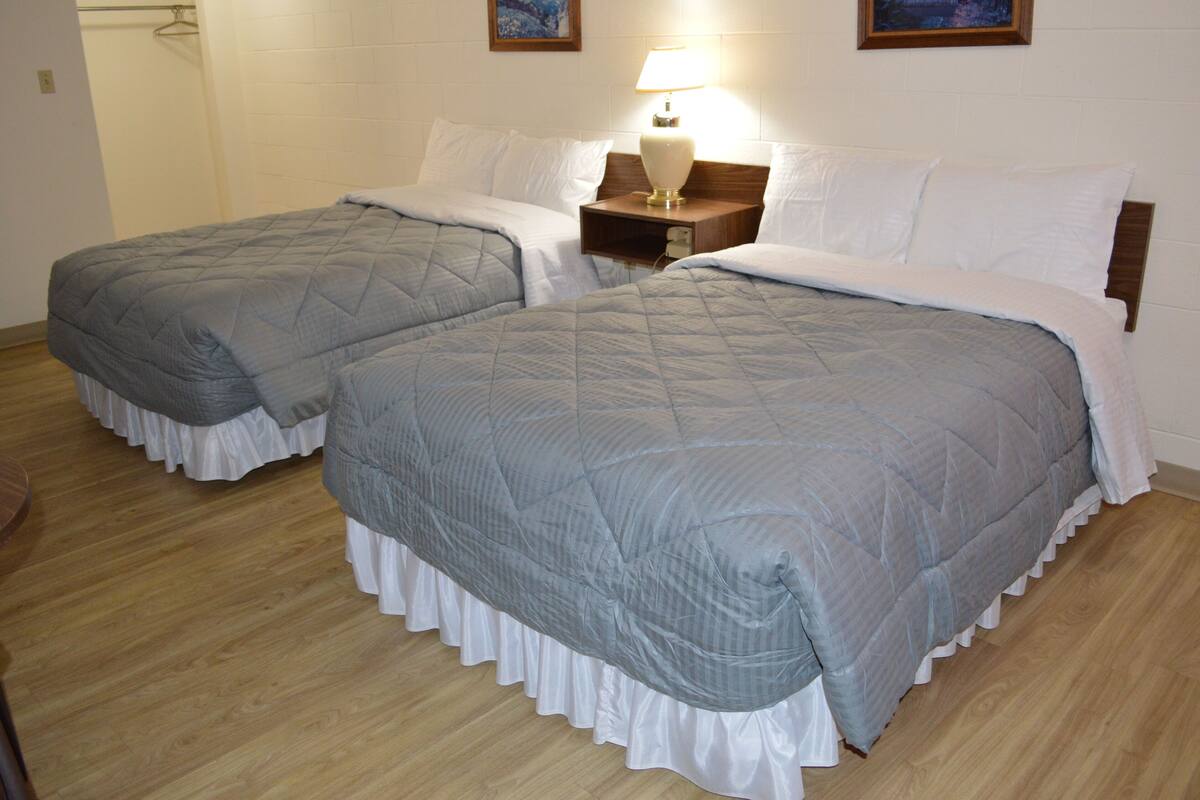 Habitación de hotel con dos camas individuales, una mesita de noche con lámpara y suelo de madera.
