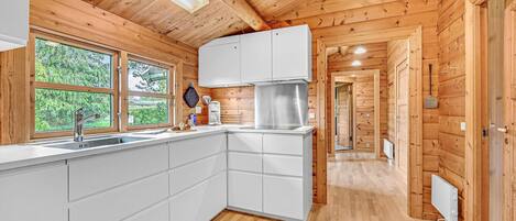 Fridge, stovetop, dishwasher, coffee/tea maker