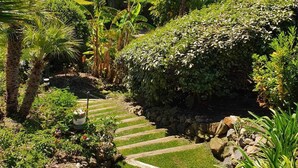 A landscaped garden with a stone staircase leading up a hill, surrounded by various plants and trees.